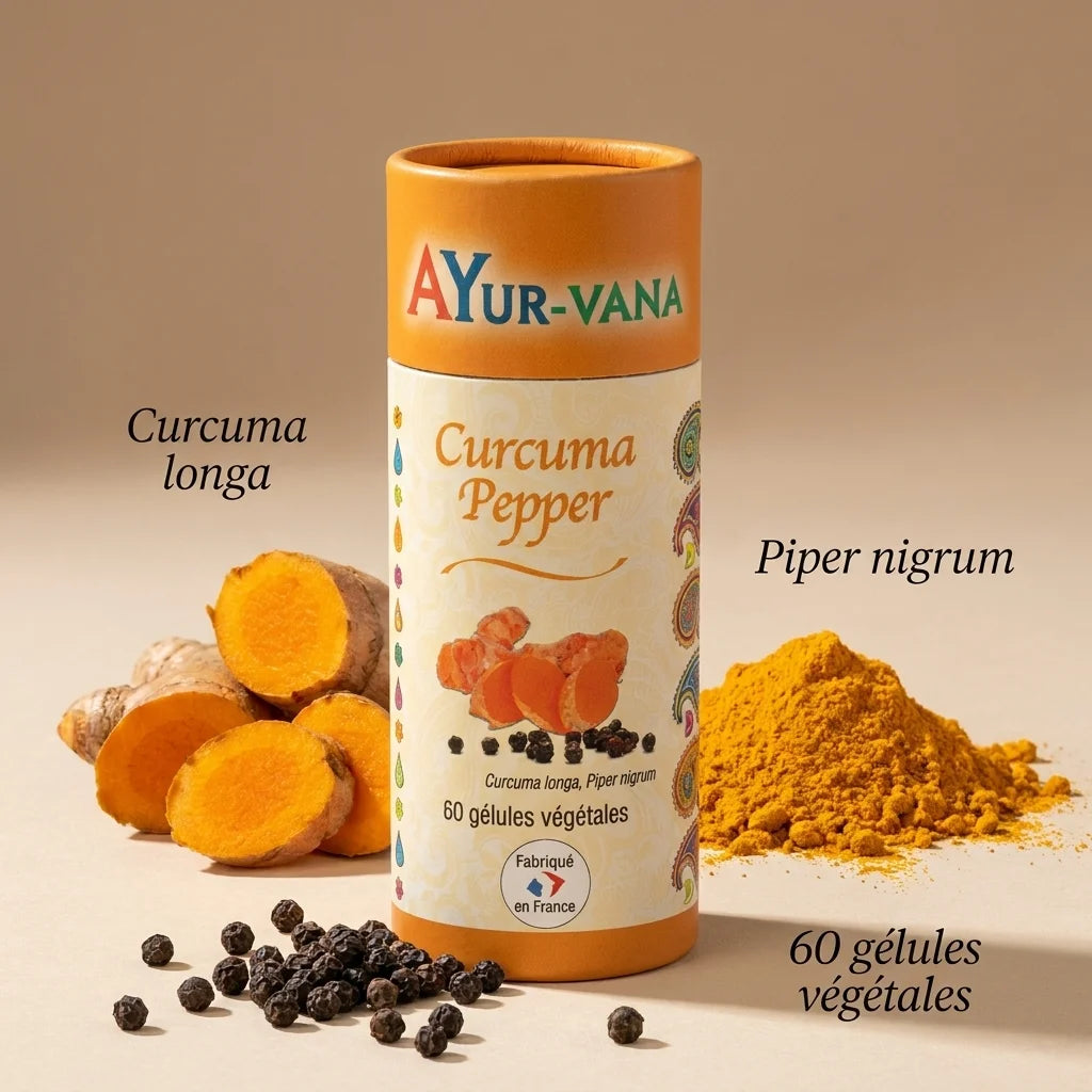 Complément Curcuma Pepper vegan Ayurvana en gélules avec ingrédients naturels curcuma et poivre noir