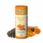 Complément Curcuma Pepper Ayurvana en gélules, bouteille avec bouchon orange sur fond blanc