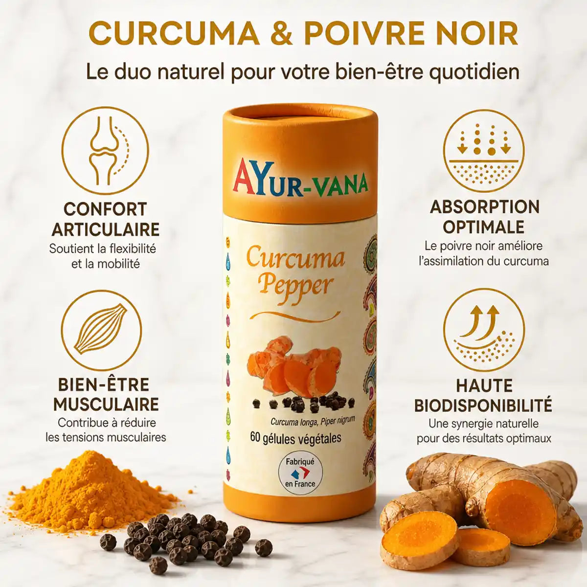Curcuma et poivre noir 120 gélules Ayurvana avec bénéfices : confort articulaire et absorption optimale