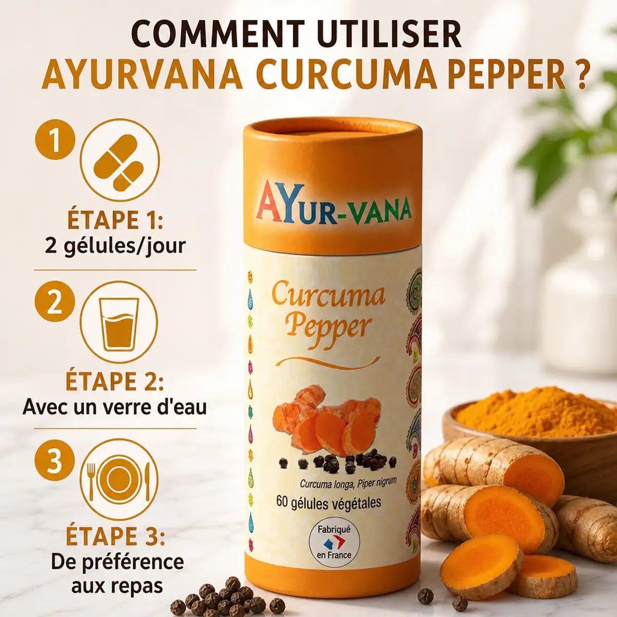 Curcuma & Poivre noir 120 gélules Ayurvana avec mode d'emploi: 2 gélules par jour aux repas