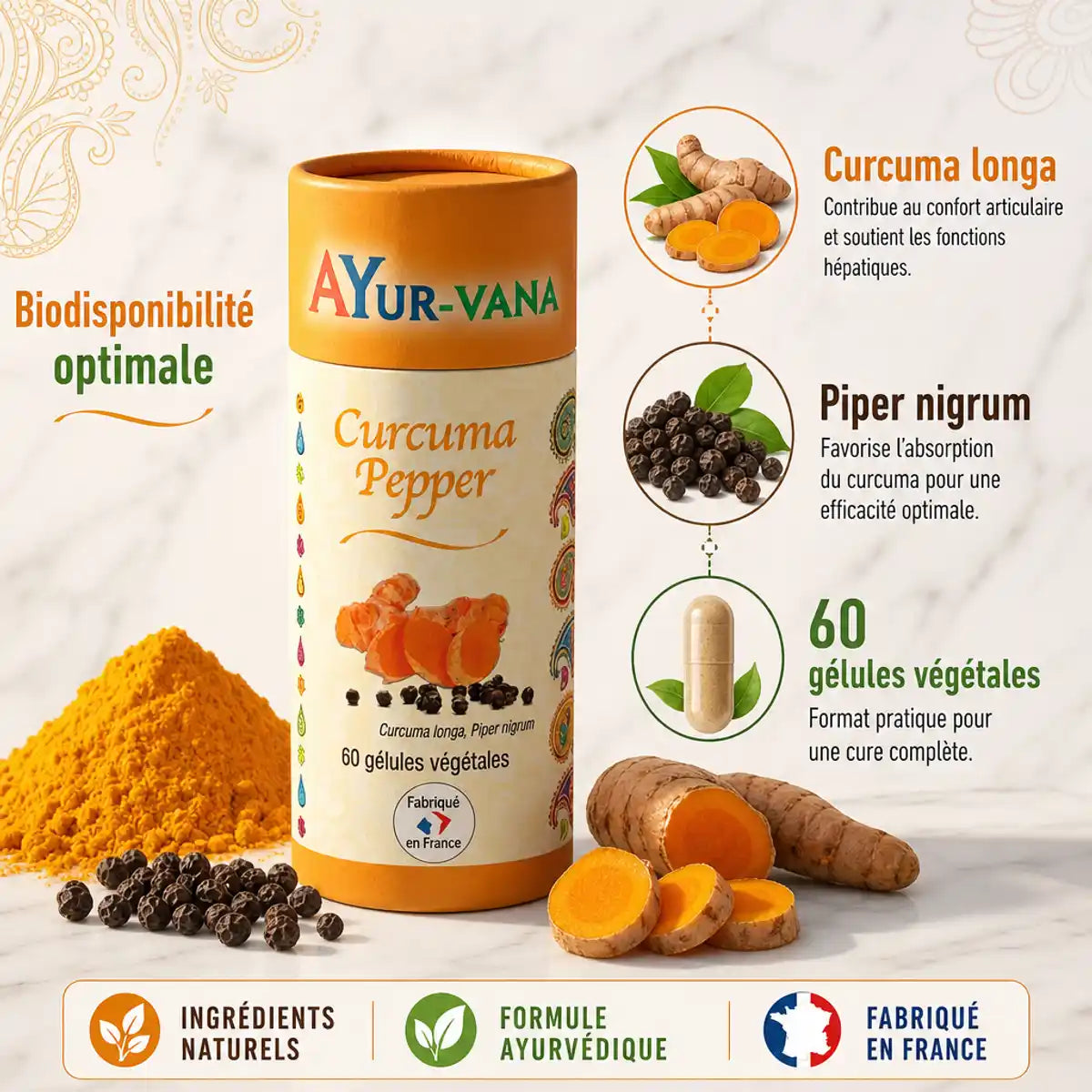 Curcuma & Poivre noir Ayurvana 120 gélules avec racine de curcuma frais et poivre noir