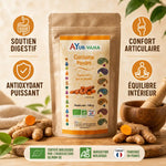 Curcuma Bio Ayur-vana en poudre avec racine fraîche, bénéfices digestifs et antioxydants