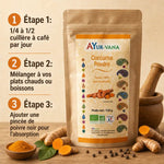 Curcuma Bio Ayur-vana 150g avec instructions d'utilisation et racines fraîches, mortier en bois