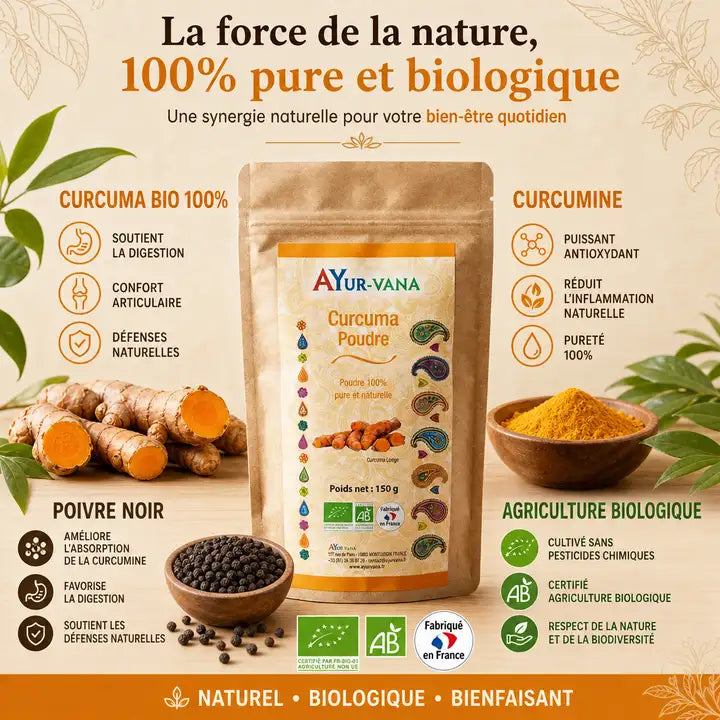 Curcuma Bio en Poudre Ayur-Vana avec curcumine, poivre noir et certification biologique