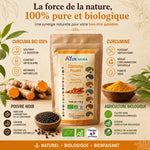 Curcuma Bio en Poudre Ayur-Vana avec curcumine, poivre noir et certification biologique