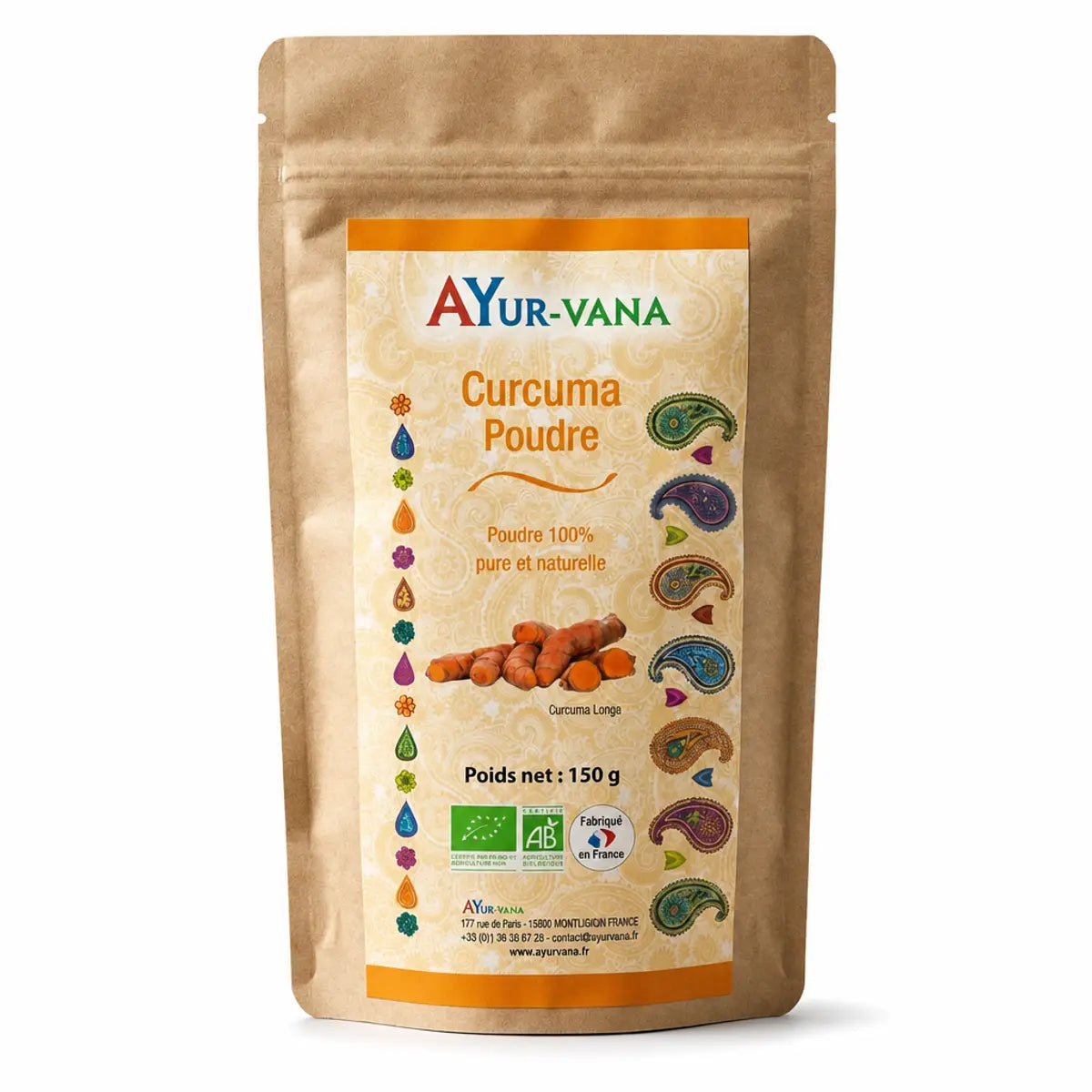 Curcuma bio en poudre Ayur-vana, sachet kraft 150g sur fond blanc
