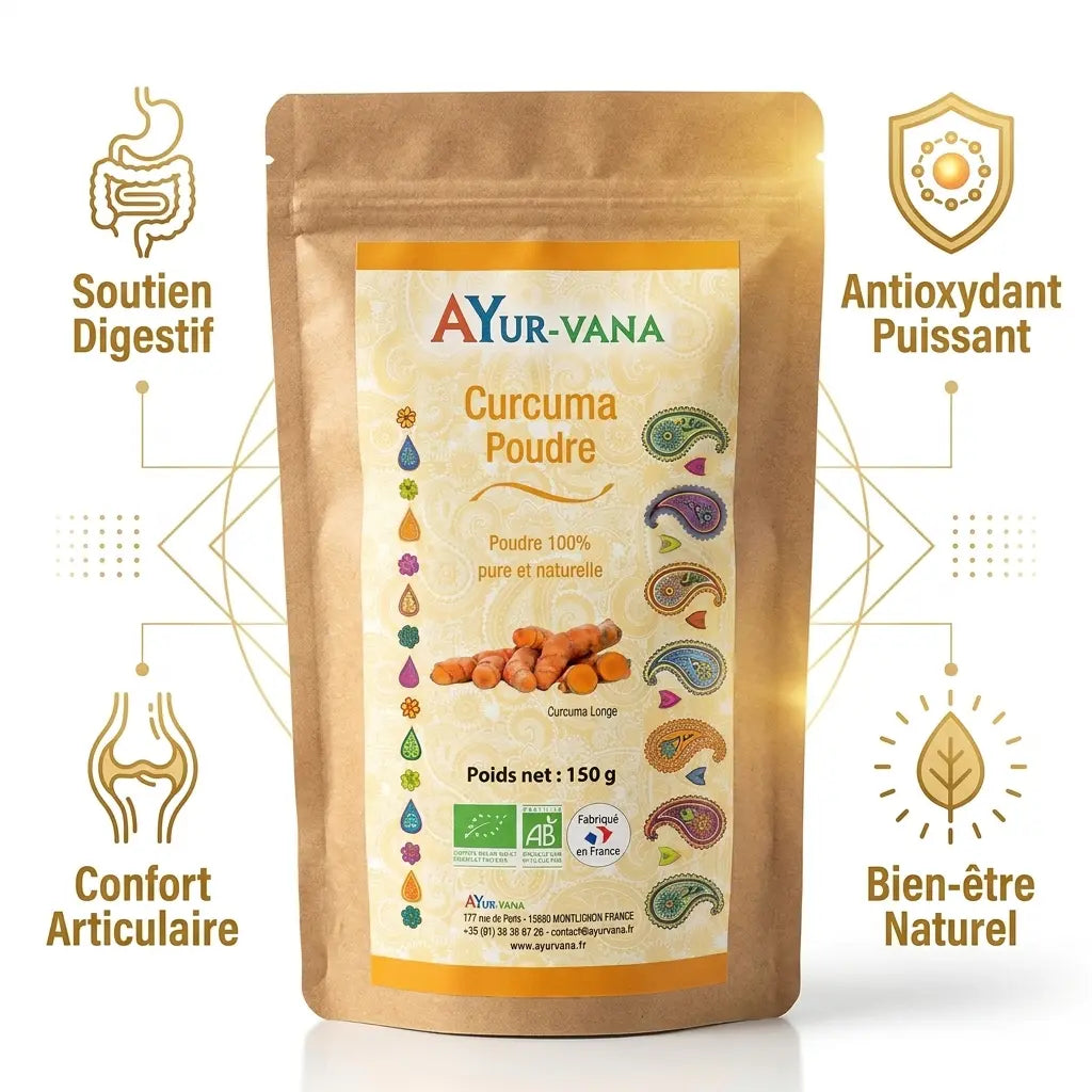 Poudre curcuma bio Ayurvana avec icônes bénéfices digestif, antioxydant, articulaire et bien-être naturel