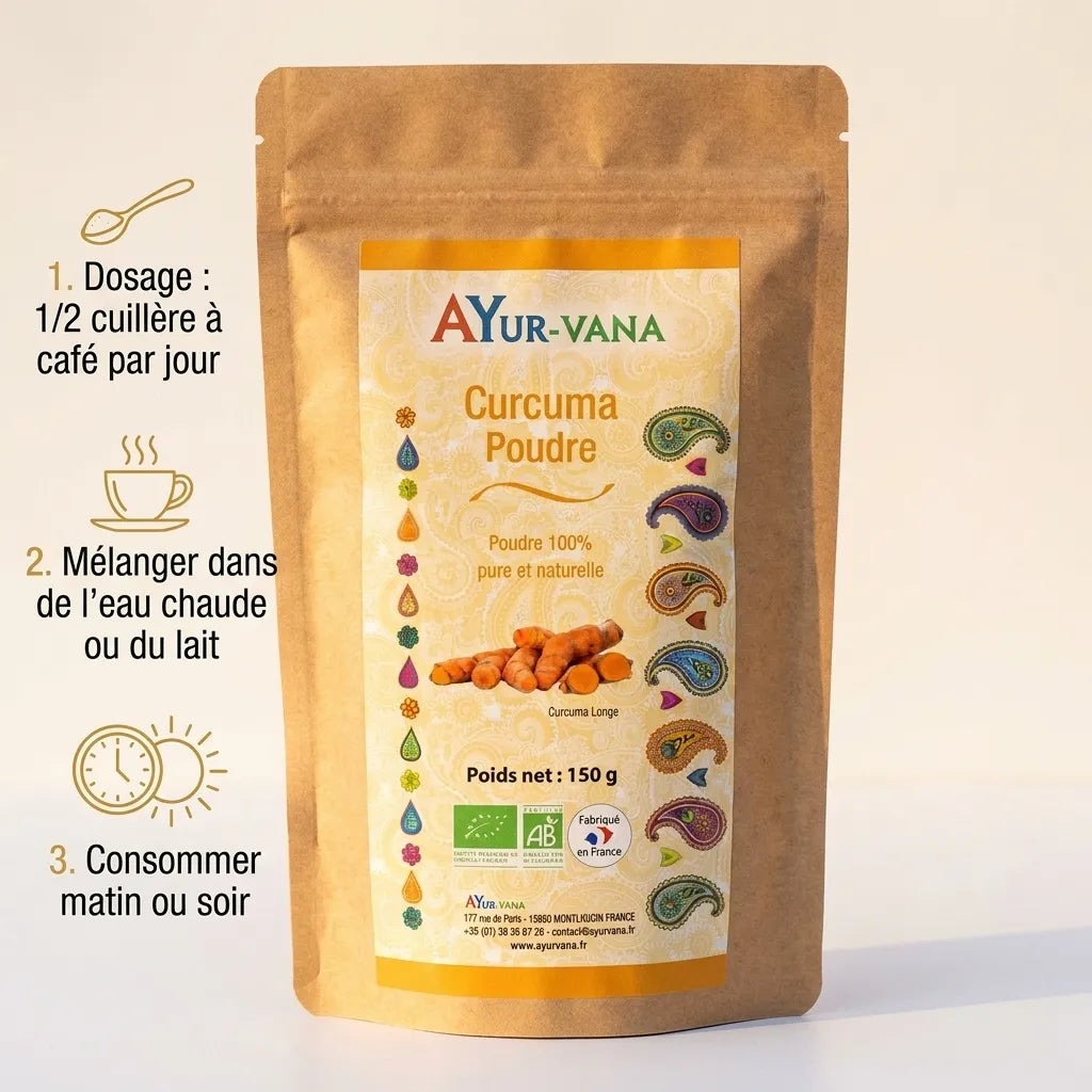 Curcuma bio poudre Ayurvana 150g avec guide dosage 1/2 cuillère café par jour
