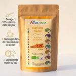 Curcuma bio poudre Ayurvana 150g avec guide dosage 1/2 cuillère café par jour