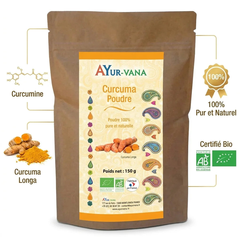 Curcuma bio Ayurvana en poudre - Packaging kraft avec ingrédients naturels certifiés