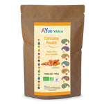 Curcuma bio en poudre Ayurvana dans son emballage kraft sur fond blanc