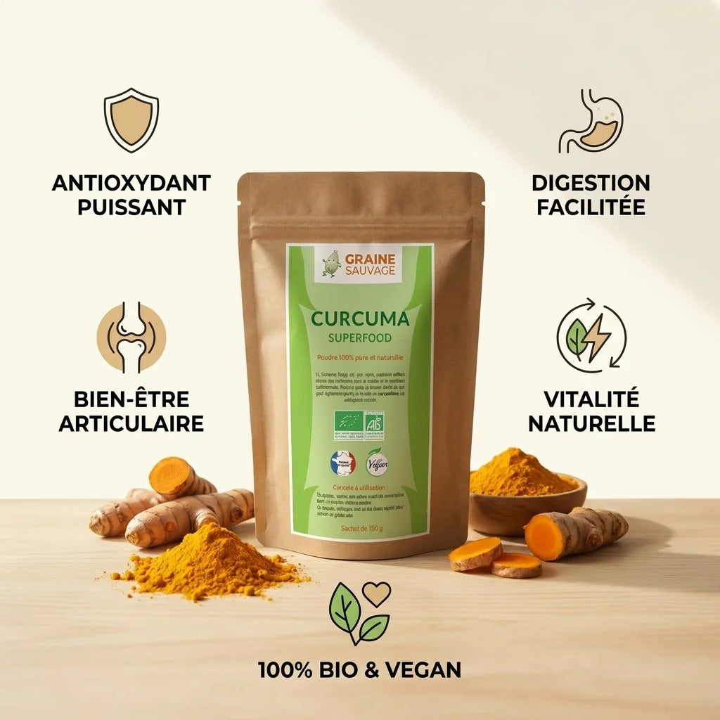 Curcuma bio en poudre Graine Sauvage avec racines fraîches et infographie des 5 bénéfices