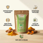 Curcuma bio en poudre Graine Sauvage avec racines fraîches et infographie des 5 bénéfices