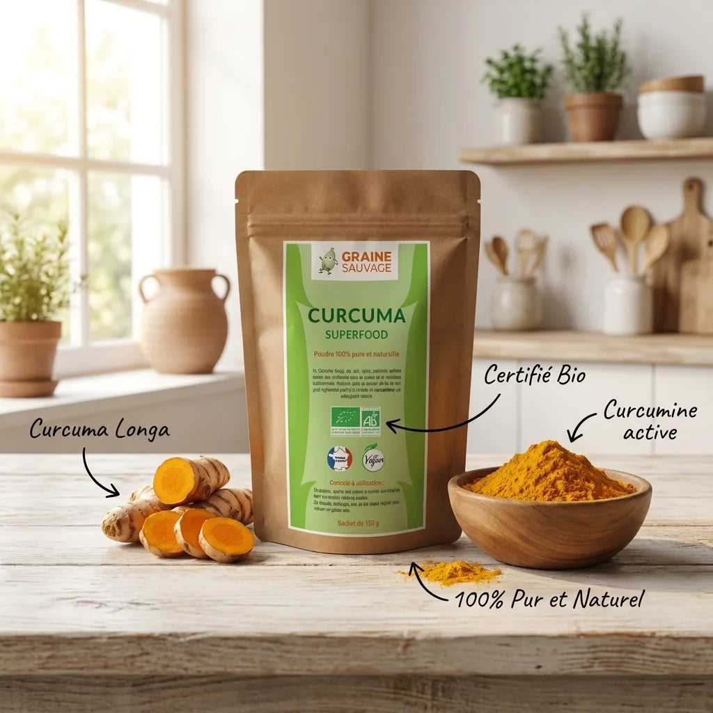 Curcuma bio Graine Sauvage en poudre dorée avec racine fraîche et certification naturelle