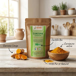 Curcuma bio Graine Sauvage en poudre dorée avec racine fraîche et certification naturelle