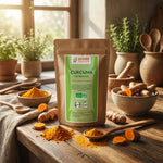 Curcuma bio en poudre Graine Sauvage avec racines fraîches et accessoires de cuisine