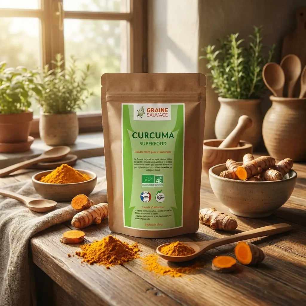 Curcuma bio en poudre Graine Sauvage avec racines fraîches et accessoires de cuisine