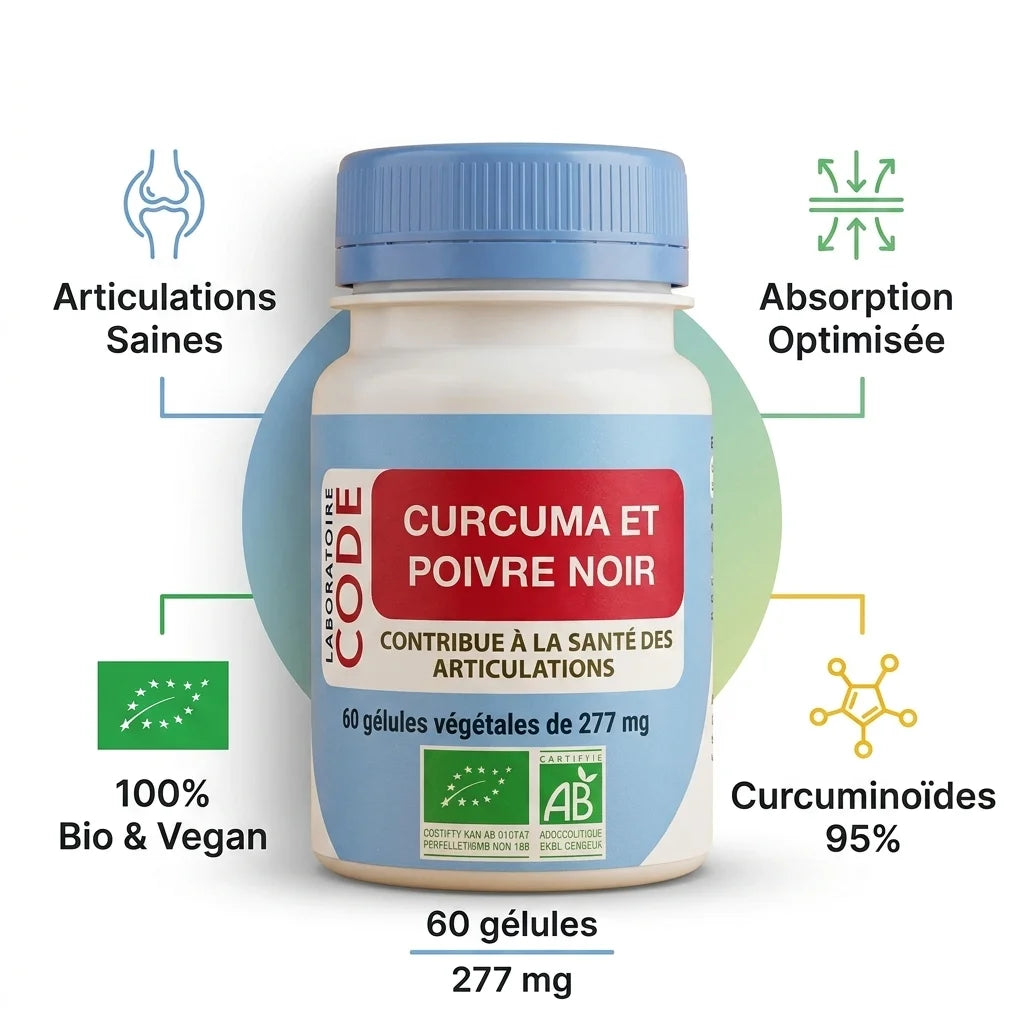 Curcuma et poivre noir bio vegan en gélules avec bénéfices articulations et absorption optimisée