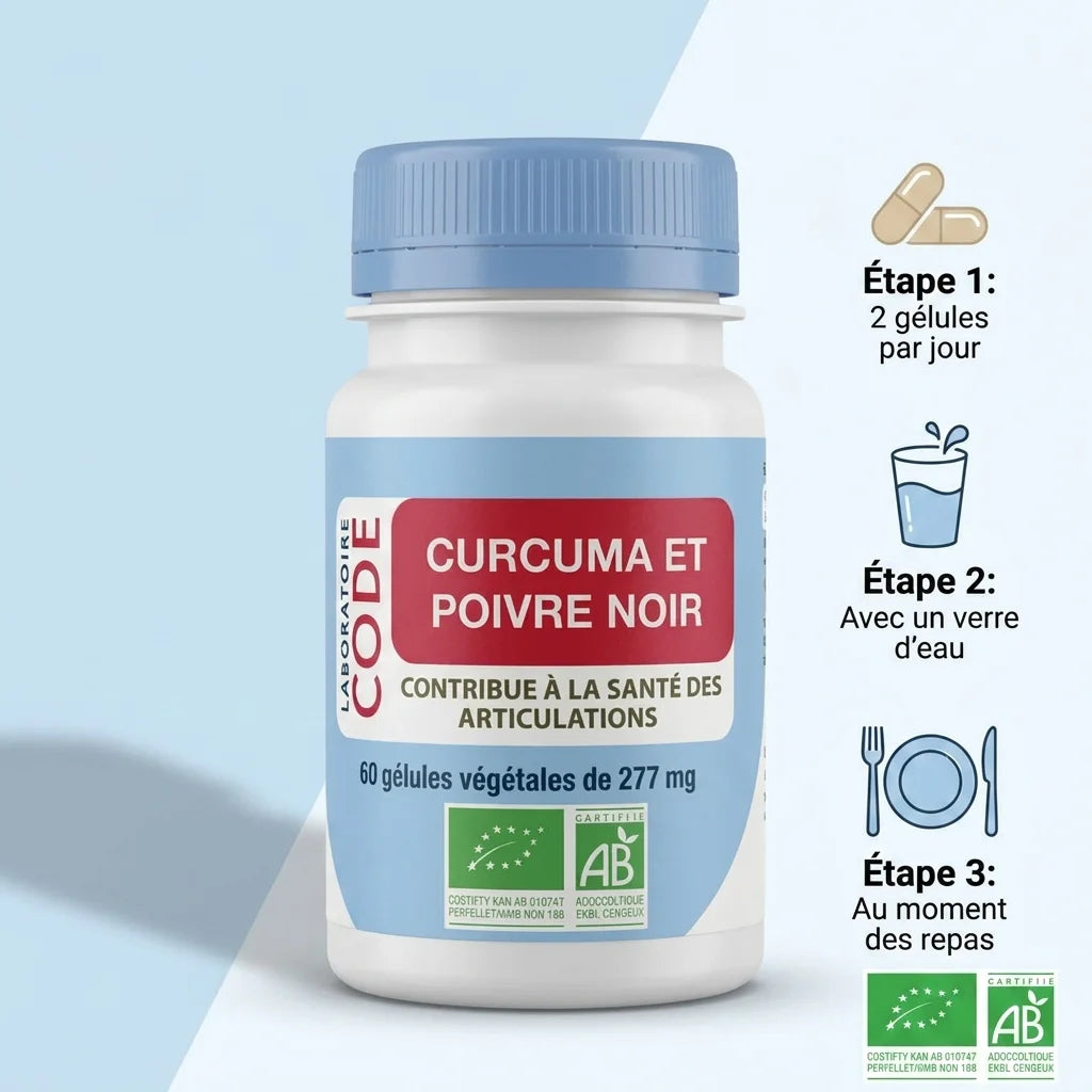 Gélules de curcuma et poivre noir bio vegan avec instructions de dosage et certification biologique