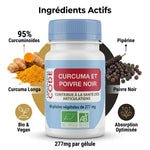 Gélules Curcuma et Poivre Noir bio vegan avec ingrédients actifs et dosages affichés