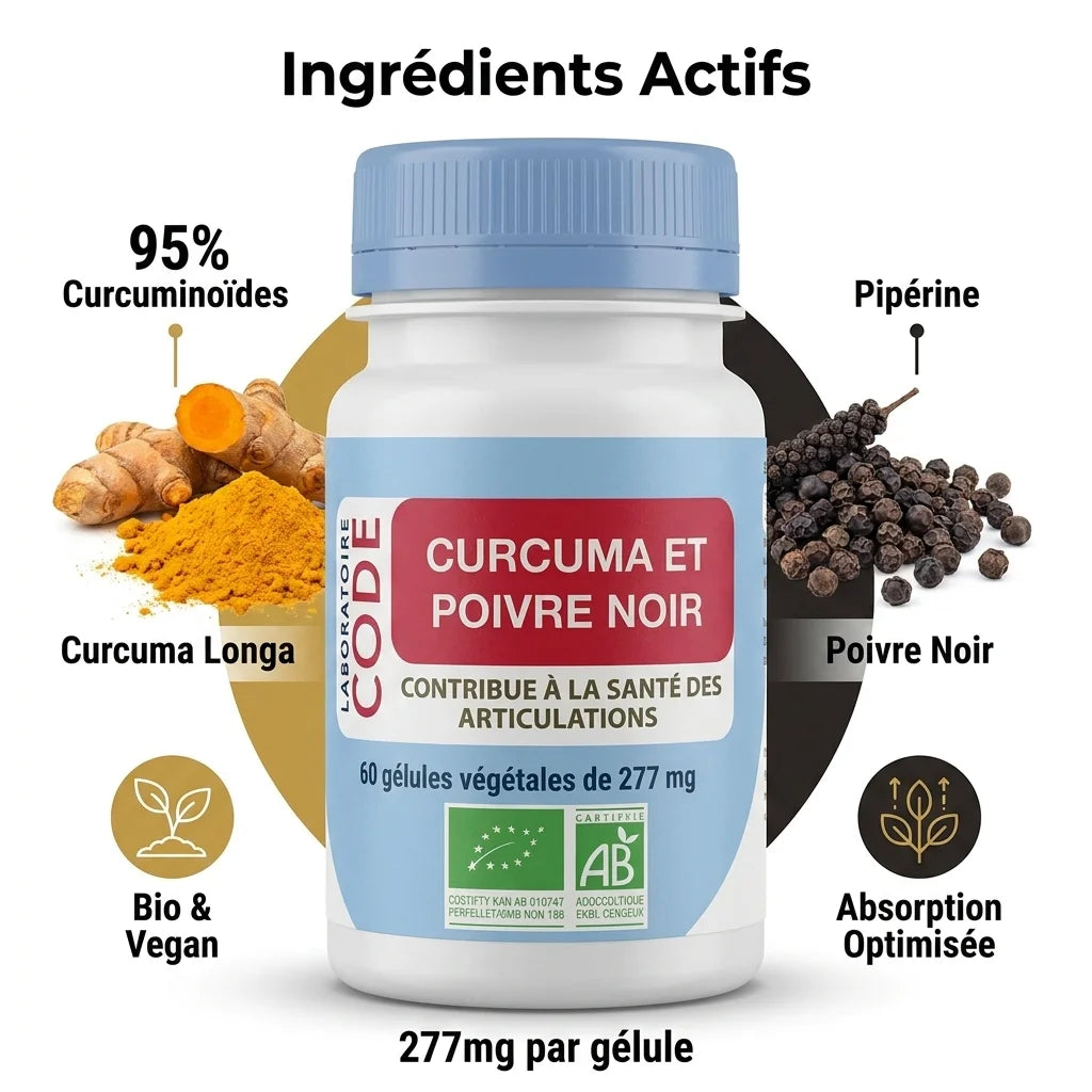 Gélules Curcuma et Poivre Noir bio vegan avec ingrédients actifs et dosages affichés