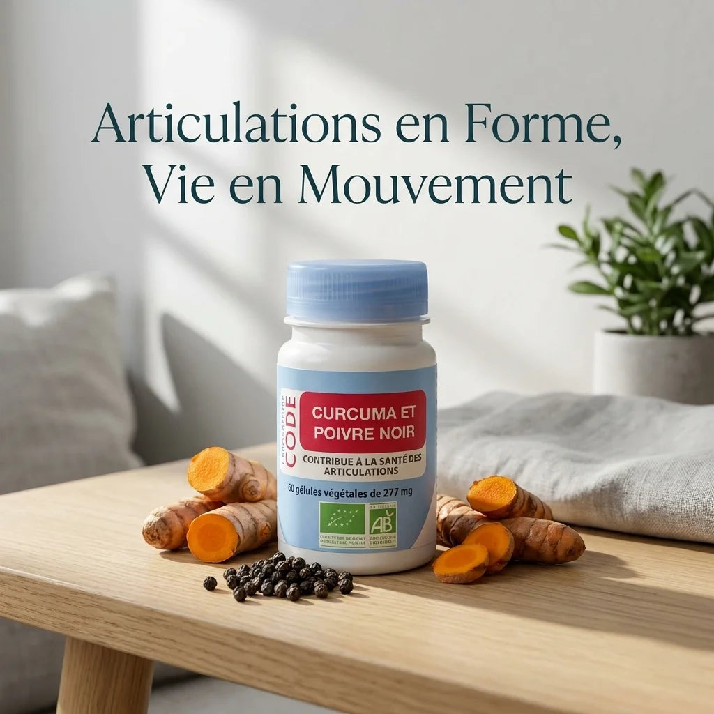 Gélules Curcuma et Poivre Noir bio vegan avec ingrédients naturels sur bois