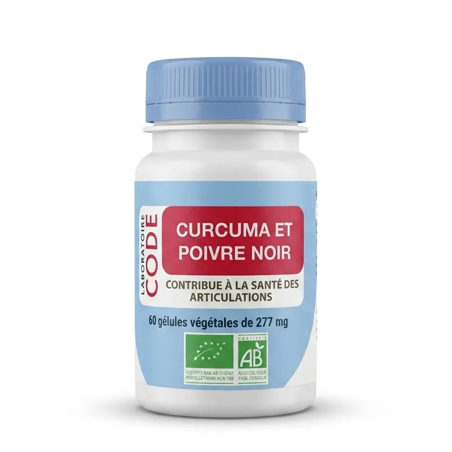 Flacon de curcuma et poivre noir bio en gélules avec bouchon bleu sur fond blanc