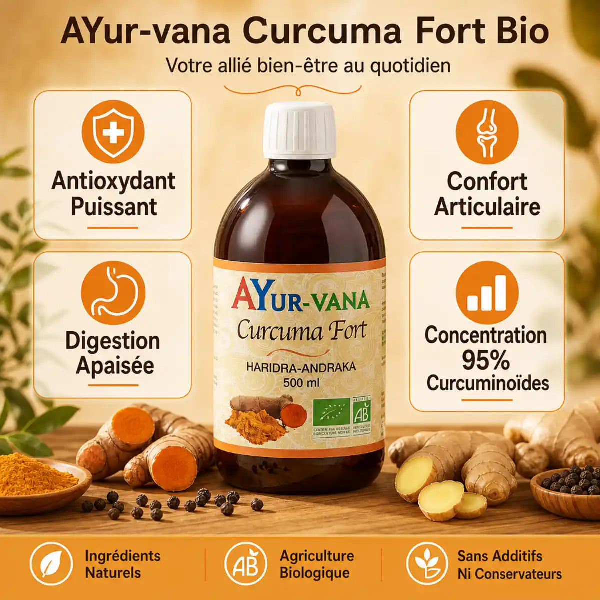 Curcuma Liquide Fort bio 500ml AYur-vana avec bénéfices antioxydant et confort articulaire