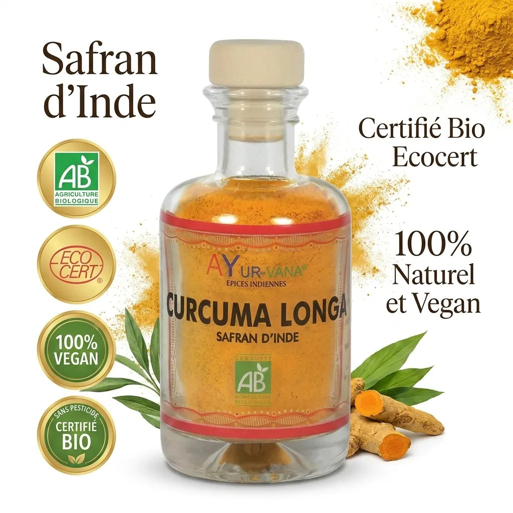 Curcuma Longa bio vegan Ayurvana certifié Ecocert en bouteille verre sur fond blanc studio