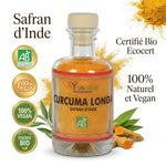 Curcuma Longa bio vegan Ayurvana certifié Ecocert en bouteille verre sur fond blanc studio