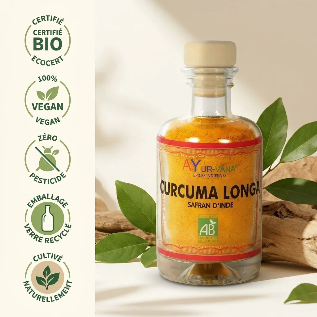 Curcuma Longa Bio Ayurvana en bouteille verre avec certifications vegan et écocert sur fond naturel