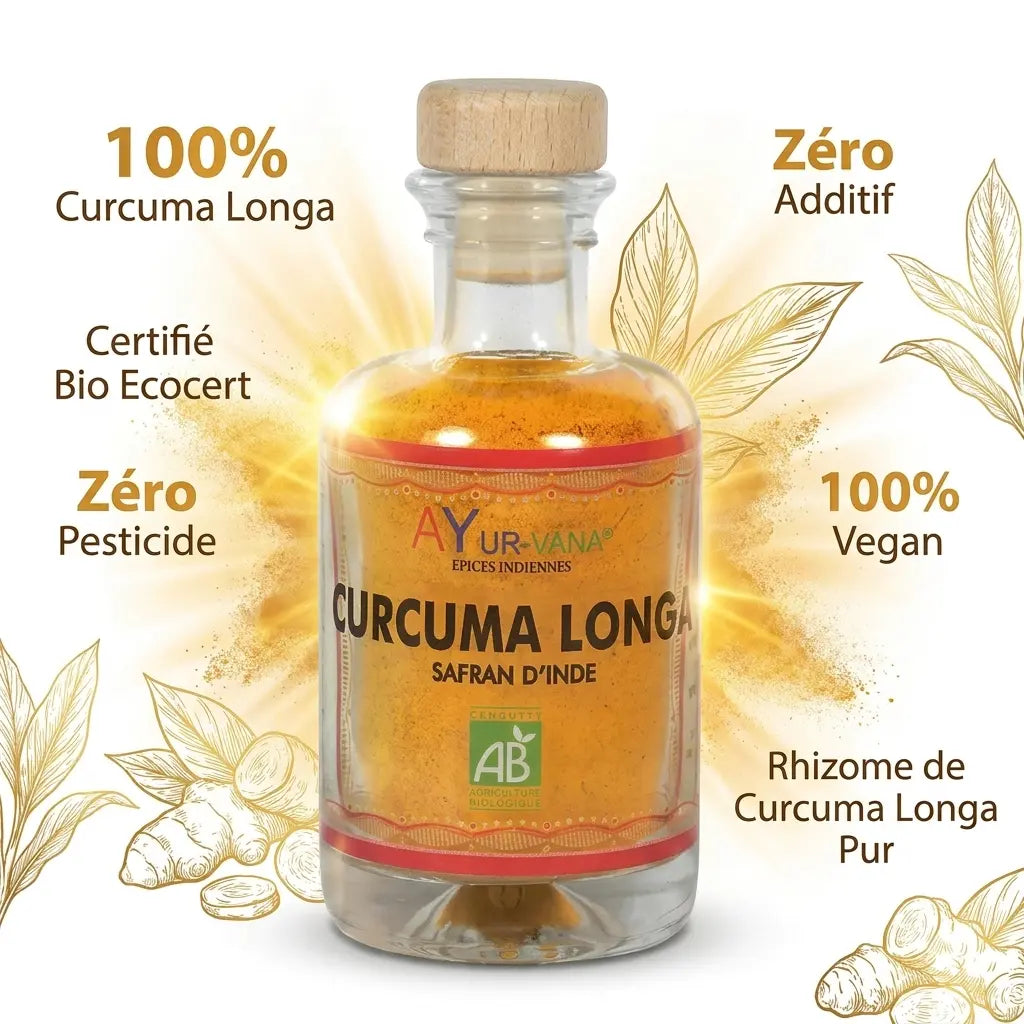 Curcuma Longa Bio Ayurvana en bouteille premium, certifié Bio, 100% vegan et sans pesticide