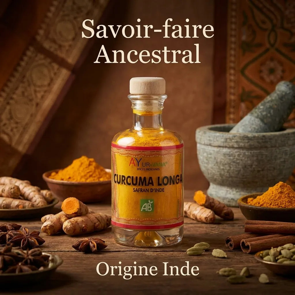 Curcuma Longa bio Ayurvana en bouteille verre sur bois avec épices traditionnelles indiennes