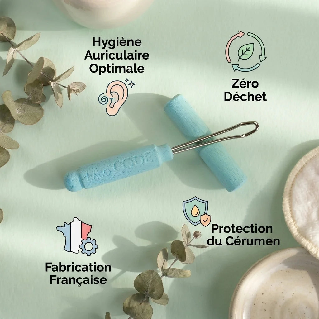 Cure-oreille réutilisable Laboratoire Code avec bénéfices : hygiène, zéro déchet, fabrication française, protection cérumen