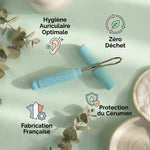 Cure-oreille réutilisable Laboratoire Code avec bénéfices : hygiène, zéro déchet, fabrication française, protection cérumen