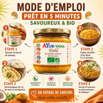 Dahl de lentille corail AYur-vana 320g avec guide de préparation en 4 étapes et recettes bio