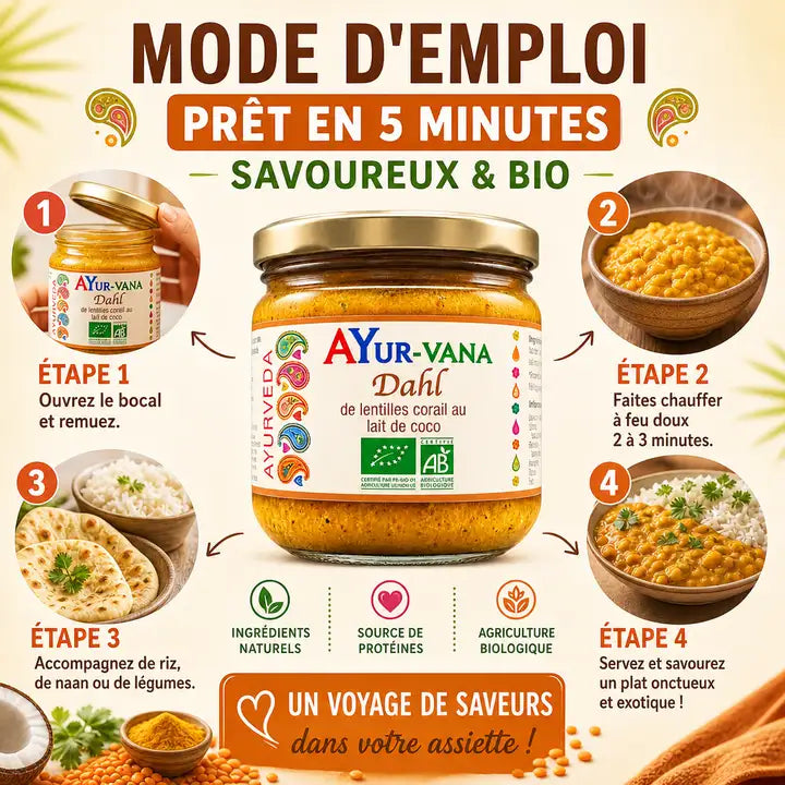 Dahl de lentille corail AYur-vana 320g avec guide de préparation en 4 étapes et recettes bio
