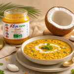 Dahl de lentille corail AYur-vana au lait de coco, pot ouvert et portion servie en assiette