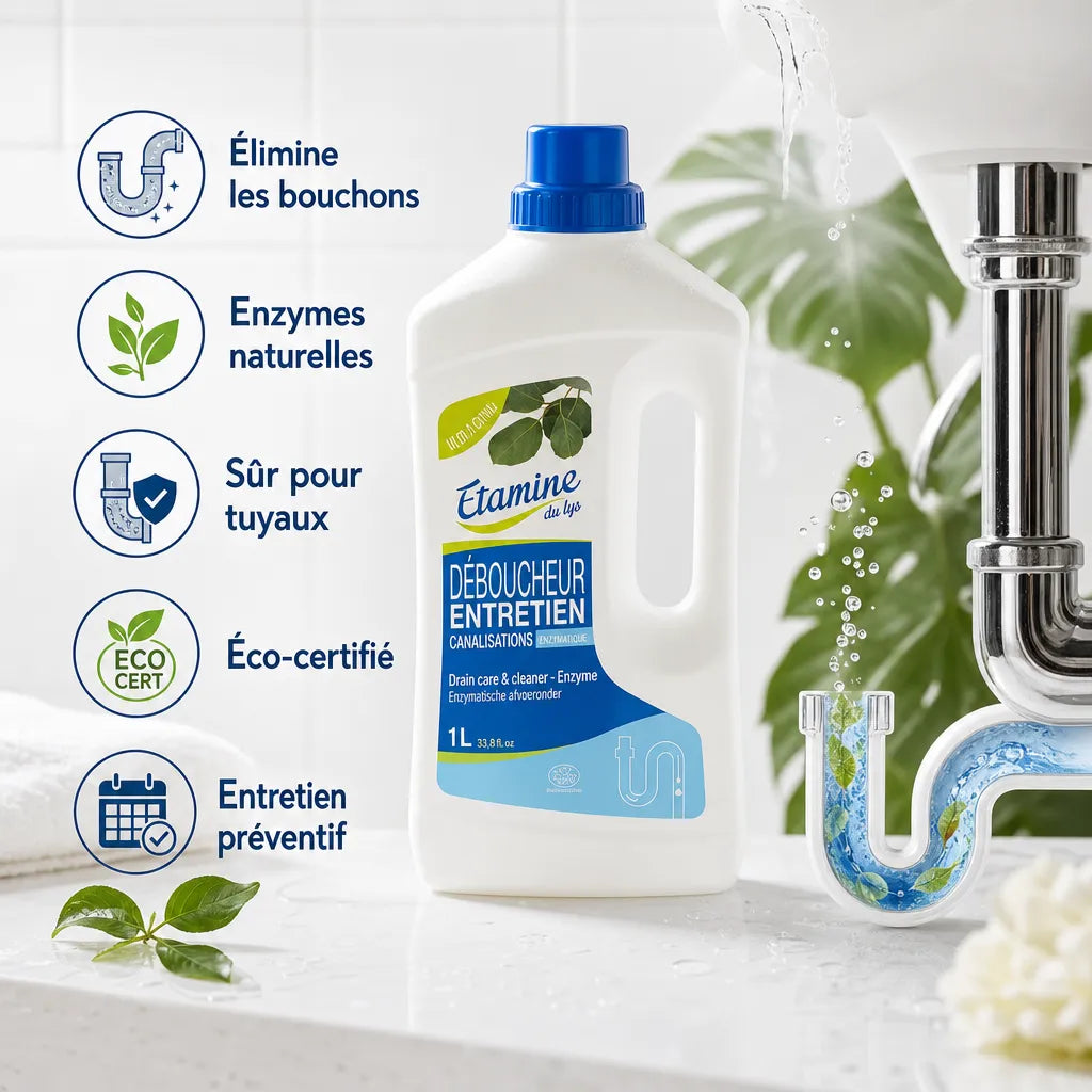 Déboucheur canalisation Etamine du Lys 1L avec enzymes naturelles et bénéfices infographie