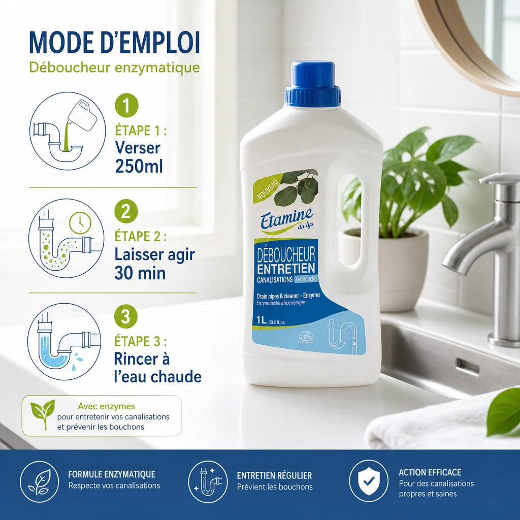 Déboucheur canalisation Etamine du Lys 1L avec instructions d'utilisation en 3 étapes dans salle de bain