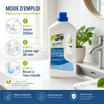 Déboucheur canalisation Etamine du Lys 1L avec instructions d'utilisation en 3 étapes dans salle de bain