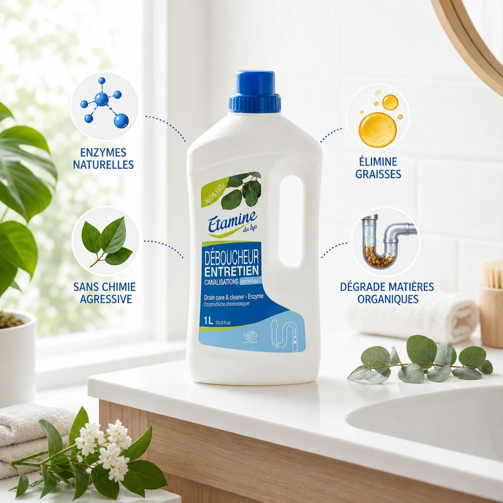 Déboucheur canalisation Etamine du Lys avec enzymes naturelles sur évier blanc