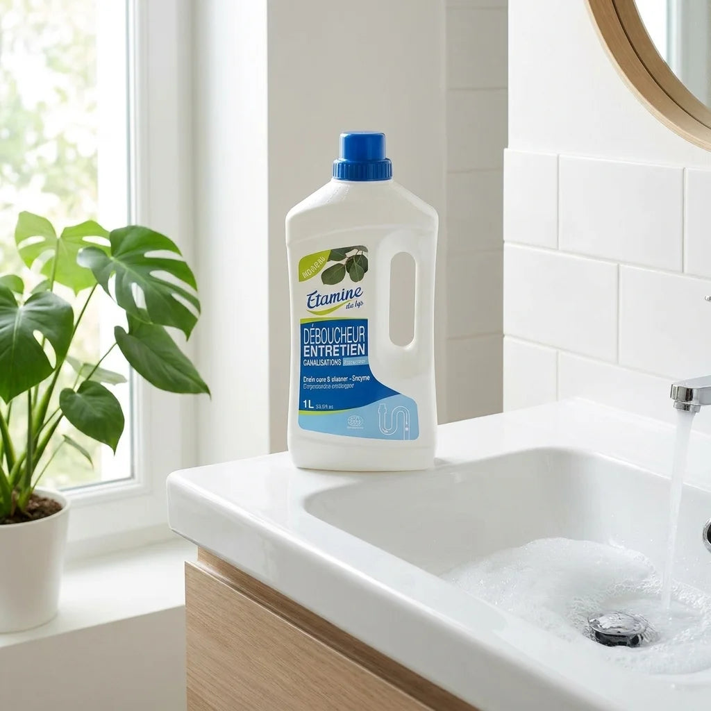 Déboucheur canalisation Etamine du Lys dans salle de bain moderne avec évier et plantes