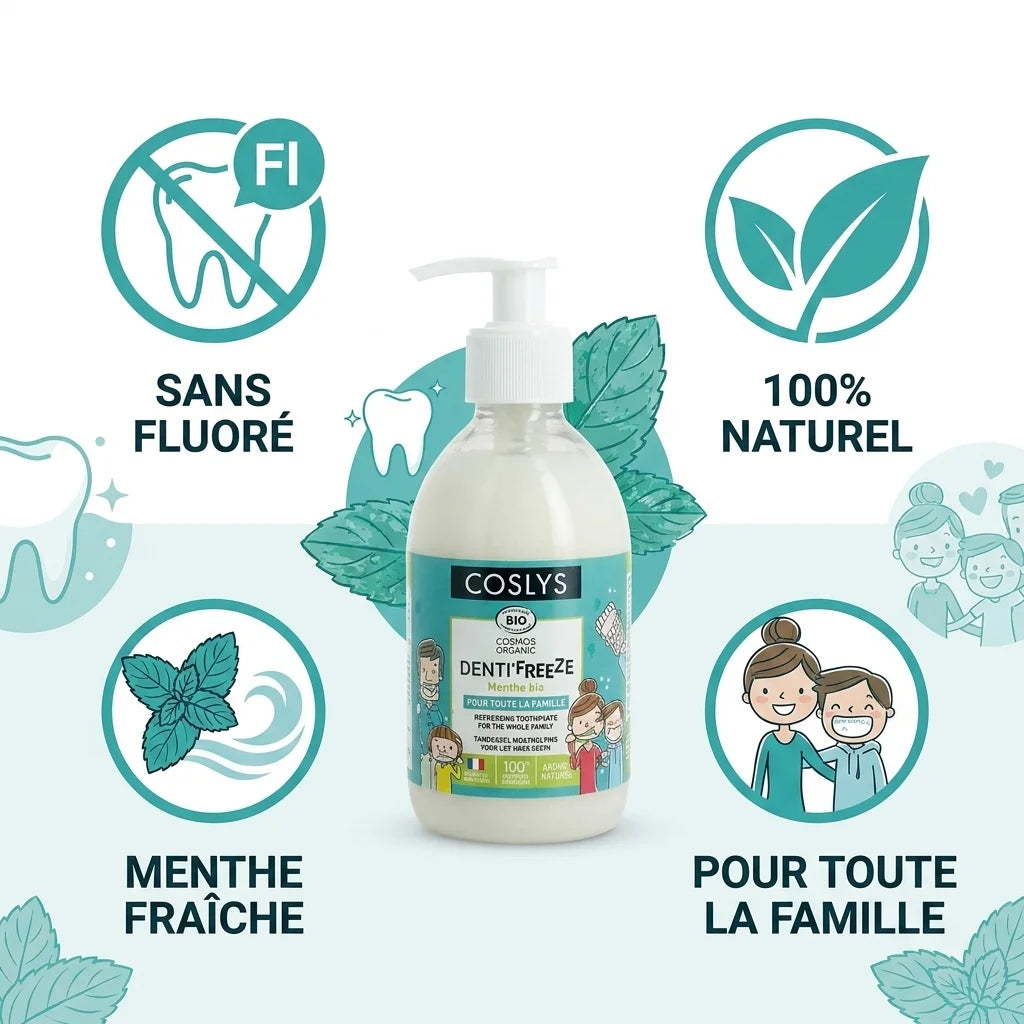 Denti'freeze Menthe Bio Coslys : dentifrice naturel sans fluoré certifié, infographie avantages famille