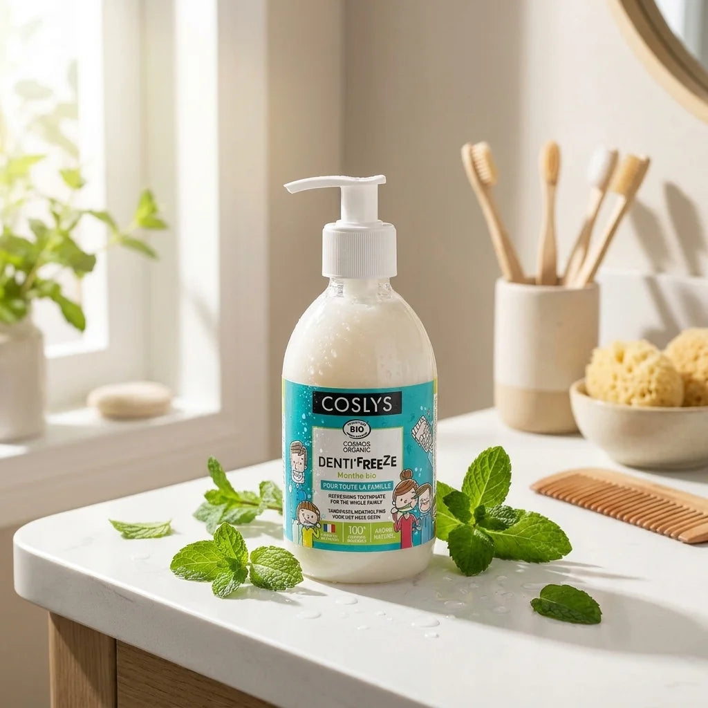 Dentifrice Denti'freeze menthe bio Coslys avec feuilles de menthe fraîche sur lavabo