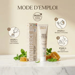Dentifrice BEE'FRESH bio Propos'Nature avec mode d'emploi et certification naturelle sur marbre blanc