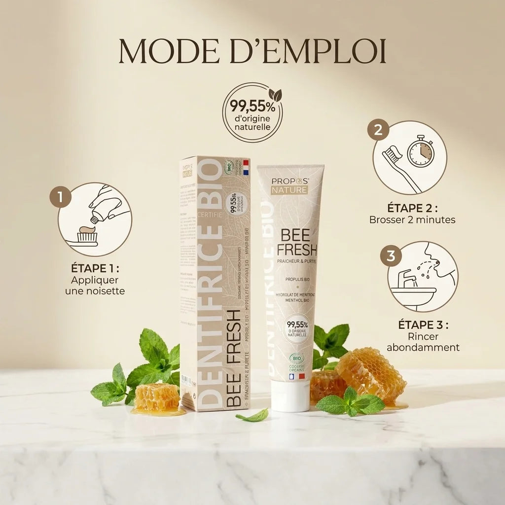 Dentifrice BEE'FRESH bio Propos'Nature avec mode d'emploi et certification naturelle sur marbre blanc
