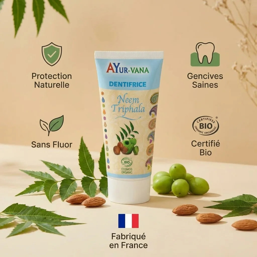 Dentifrice bio Neem & Triphala Ayurvana certifié, sans fluor, avec bénéfices pour gencives saines