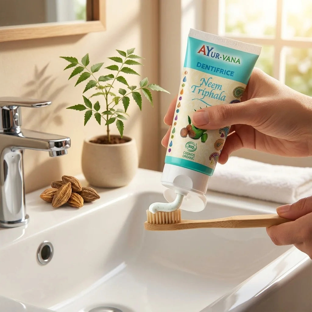 Dentifrice bio Neem Triphala Ayurvana appliqué sur brosse bambou