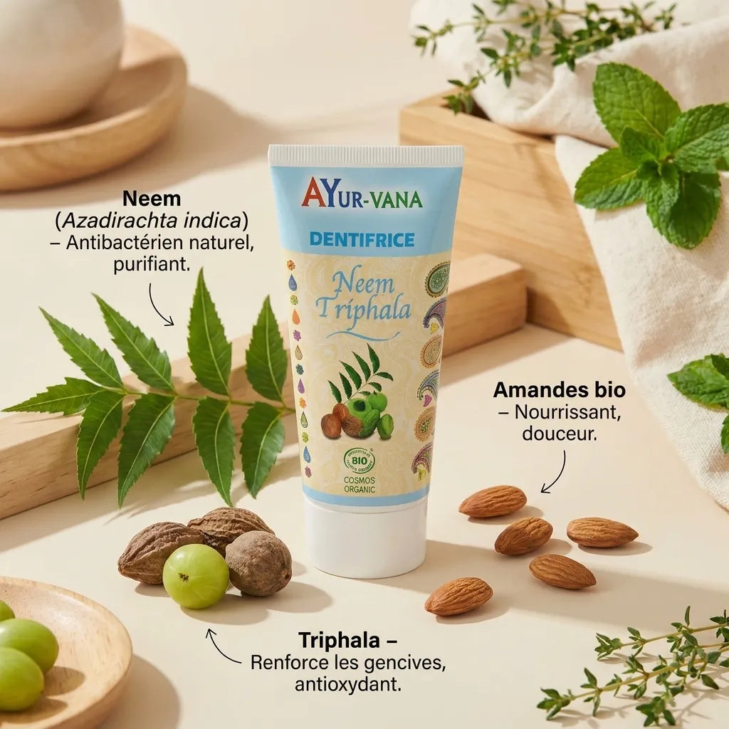 Dentifrice bio Neem & Triphala Ayurvana avec ingrédients naturels certifiés et badge Cosmos